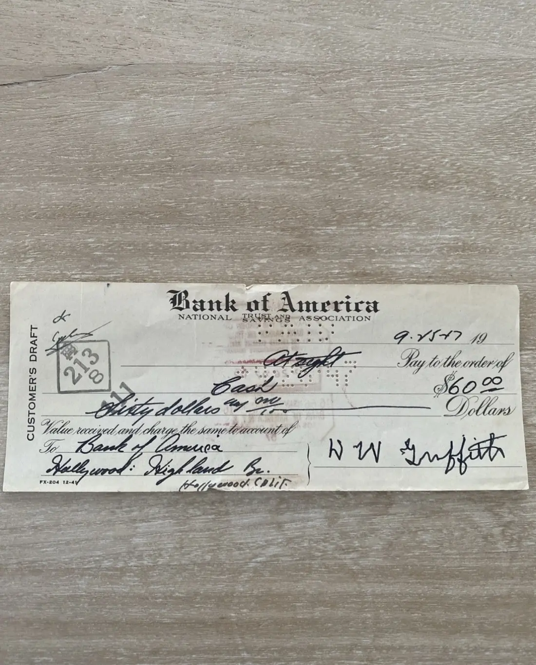 D.W. Griffith — Signed check