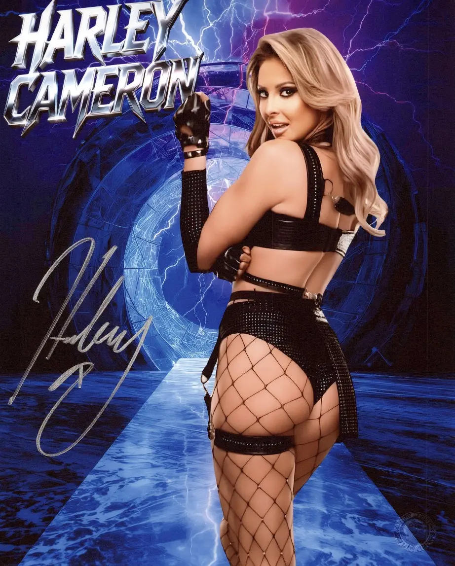Harley Cameron — 8x10 Harley Cameron Signed Photograph, Black outfit Metallic NJP Edit