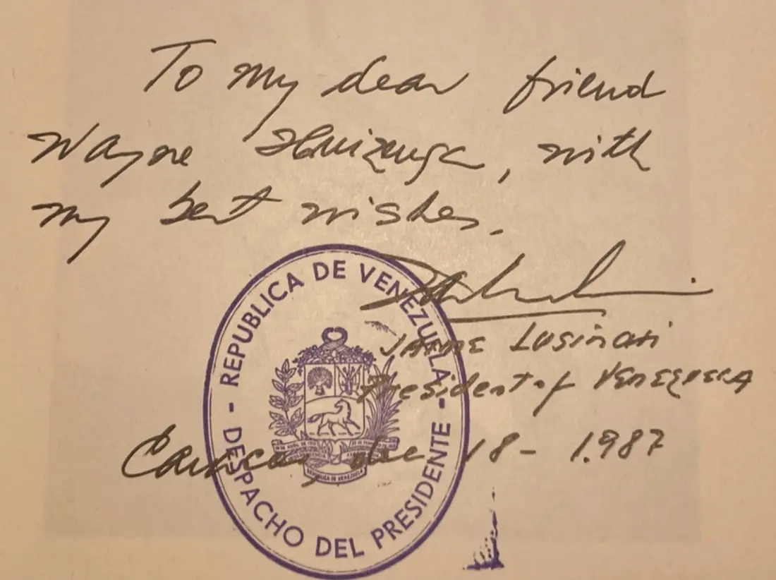 Jaime Lusinchi (Wayne Huizenga Association Copy) — SIGNED Jaime Lusinchi (Venezuela President) Association Copy Gift To Wayne Huizenga