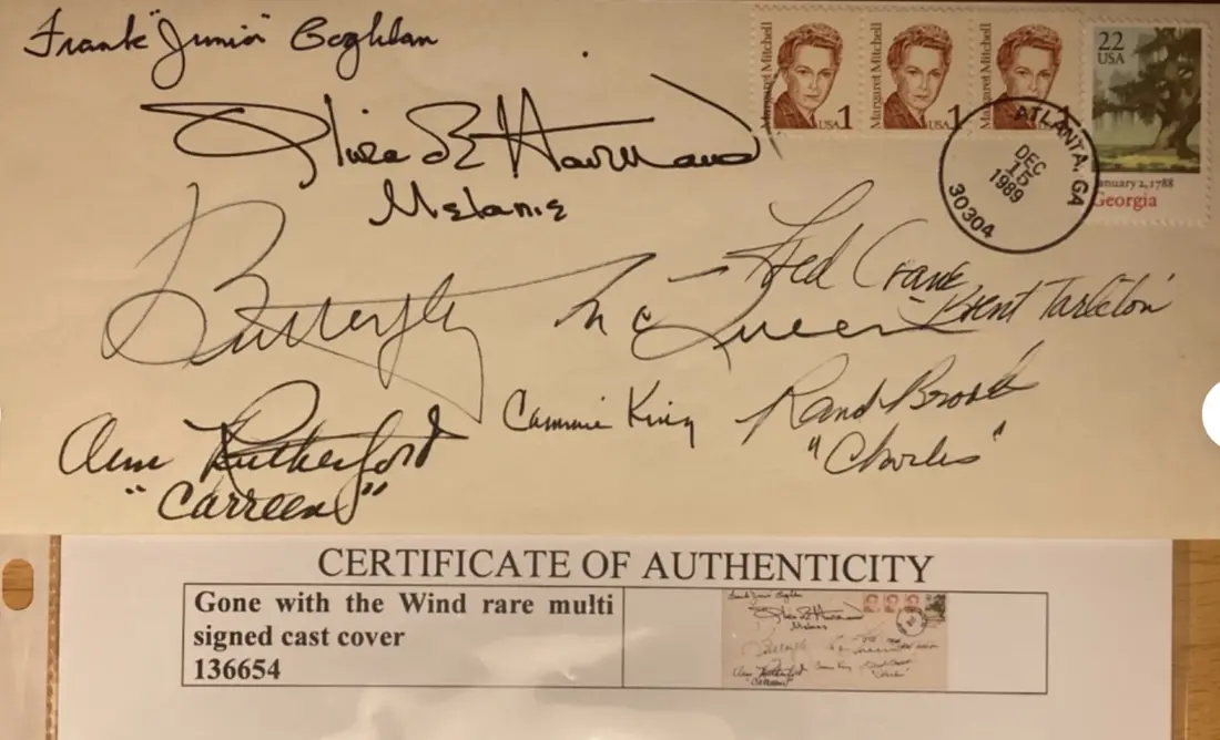 Ann Rutherford, Olivia De Havilland, Rand Brooks (+4 more) — RARE 7x Cast SIGNED Gone With The Wind (Cover/Envelope) Havilland, Crane, McQueen +4