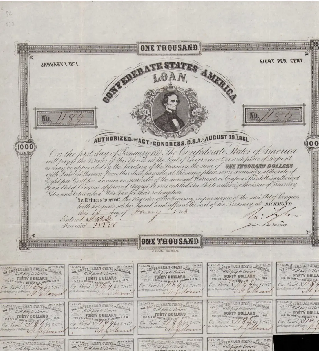 Confederate bond — 1860s confederate bond w/coa